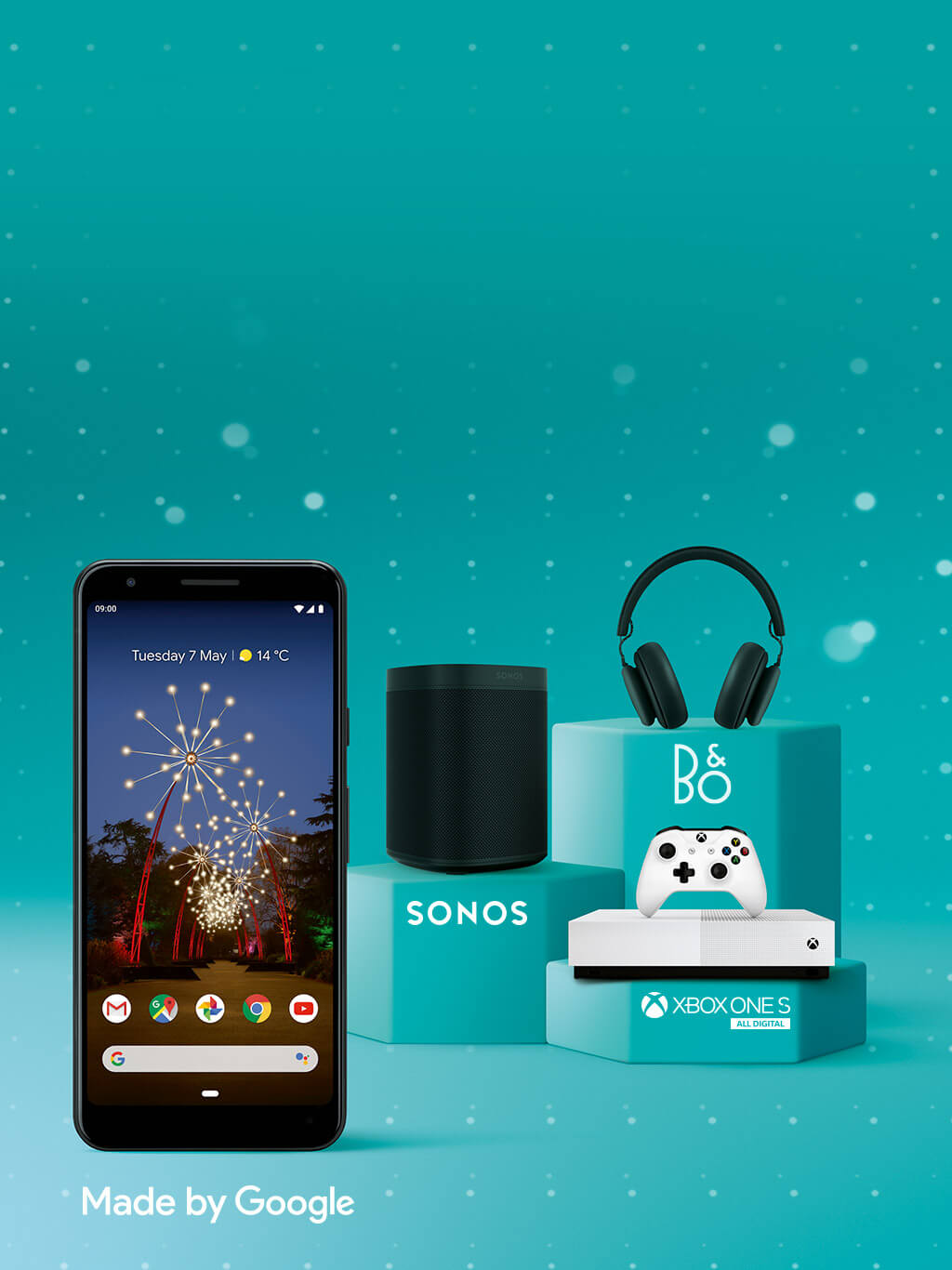  Google Pixel 3a with Sonos speaker, Xbox and B&O headphones 